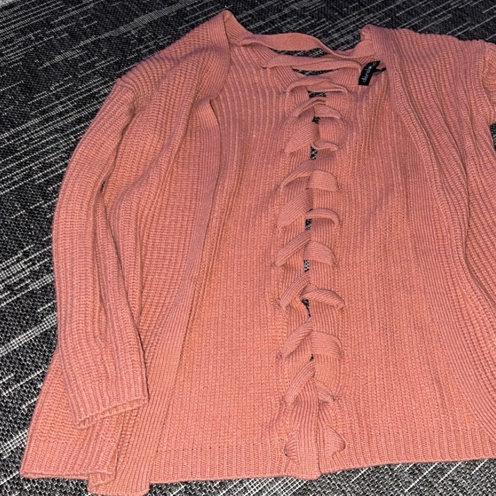 Pink Tunic with Lace-Up Front and Ribbed Texture